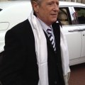 Joe Longthorne chatting to the press and fans today after his MBE investiture at Buckingham Palace